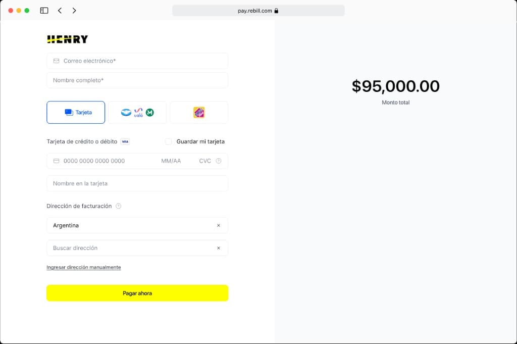 Checkout Rebill de Henry en Argentina