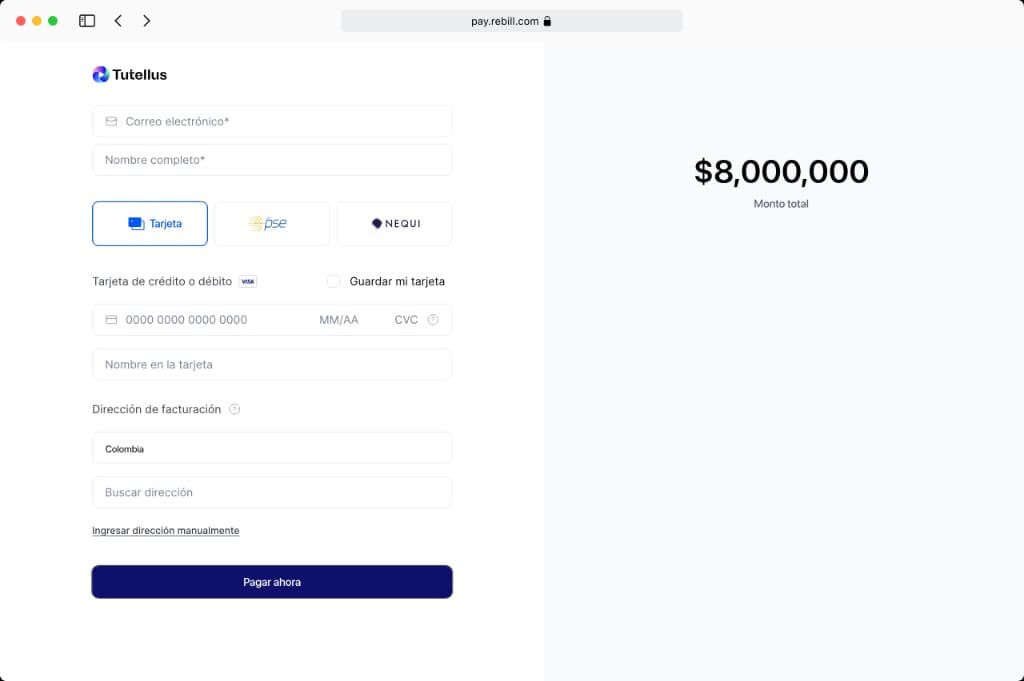 Checkout Rebill de Tutellus en Colombia